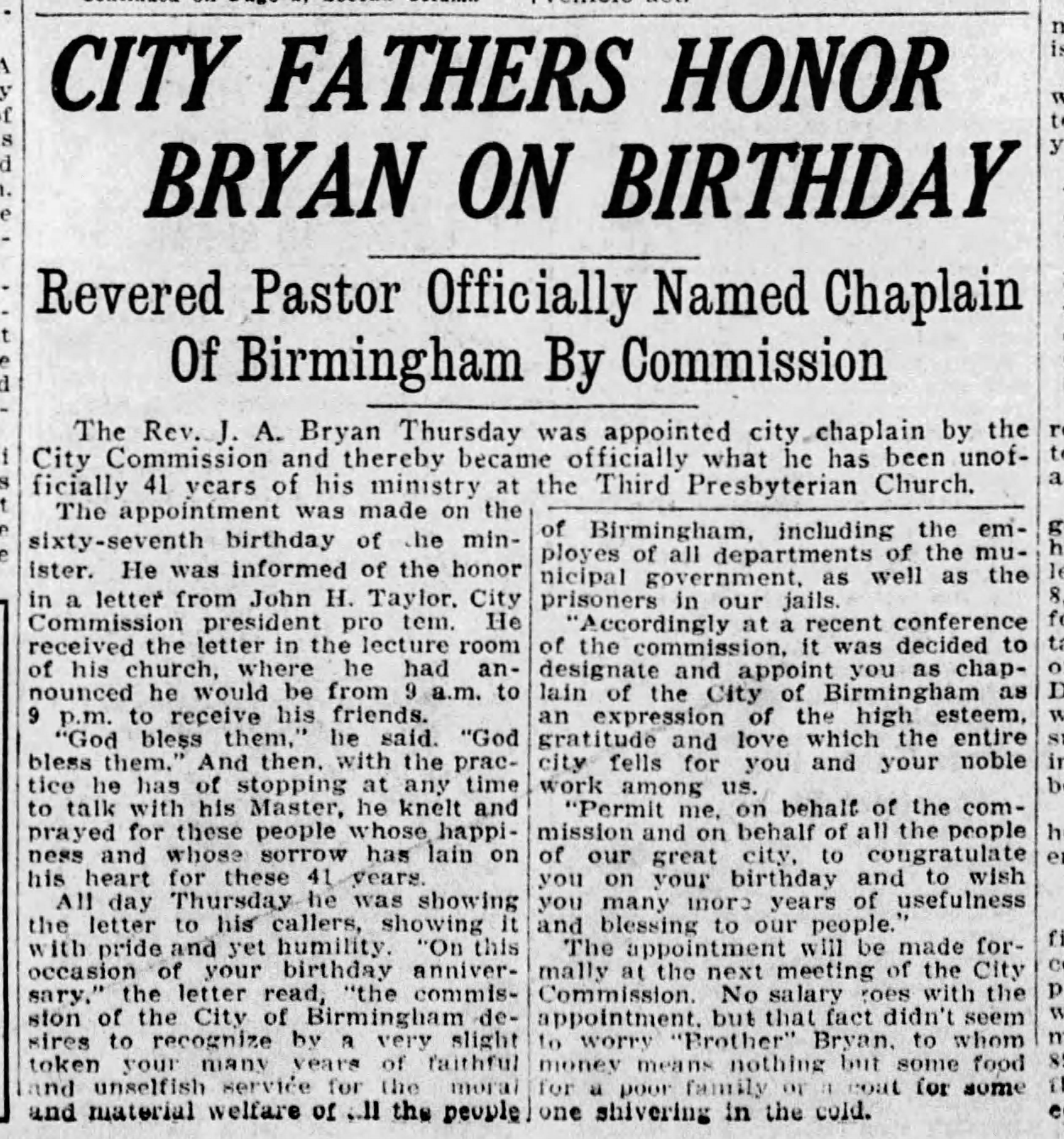 City Fathers Honor Bryan On Birthday
